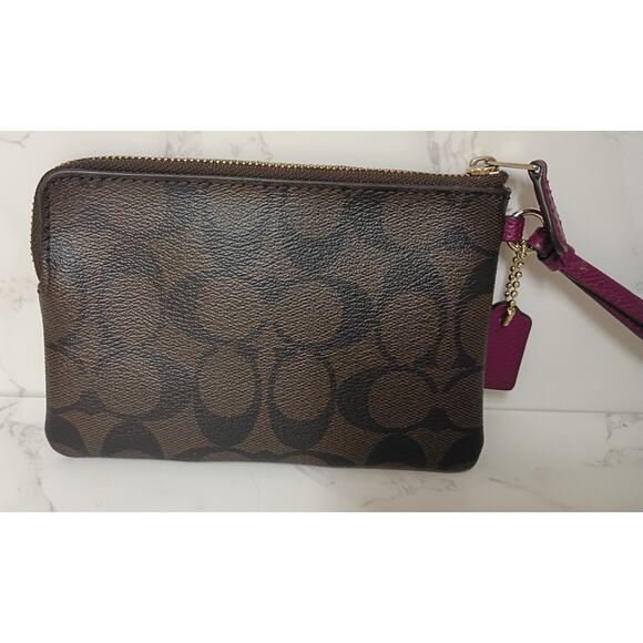 COACH Dark Brown/Hot Pink Signature Logo Zip Wristlet - Picture 2 of 6